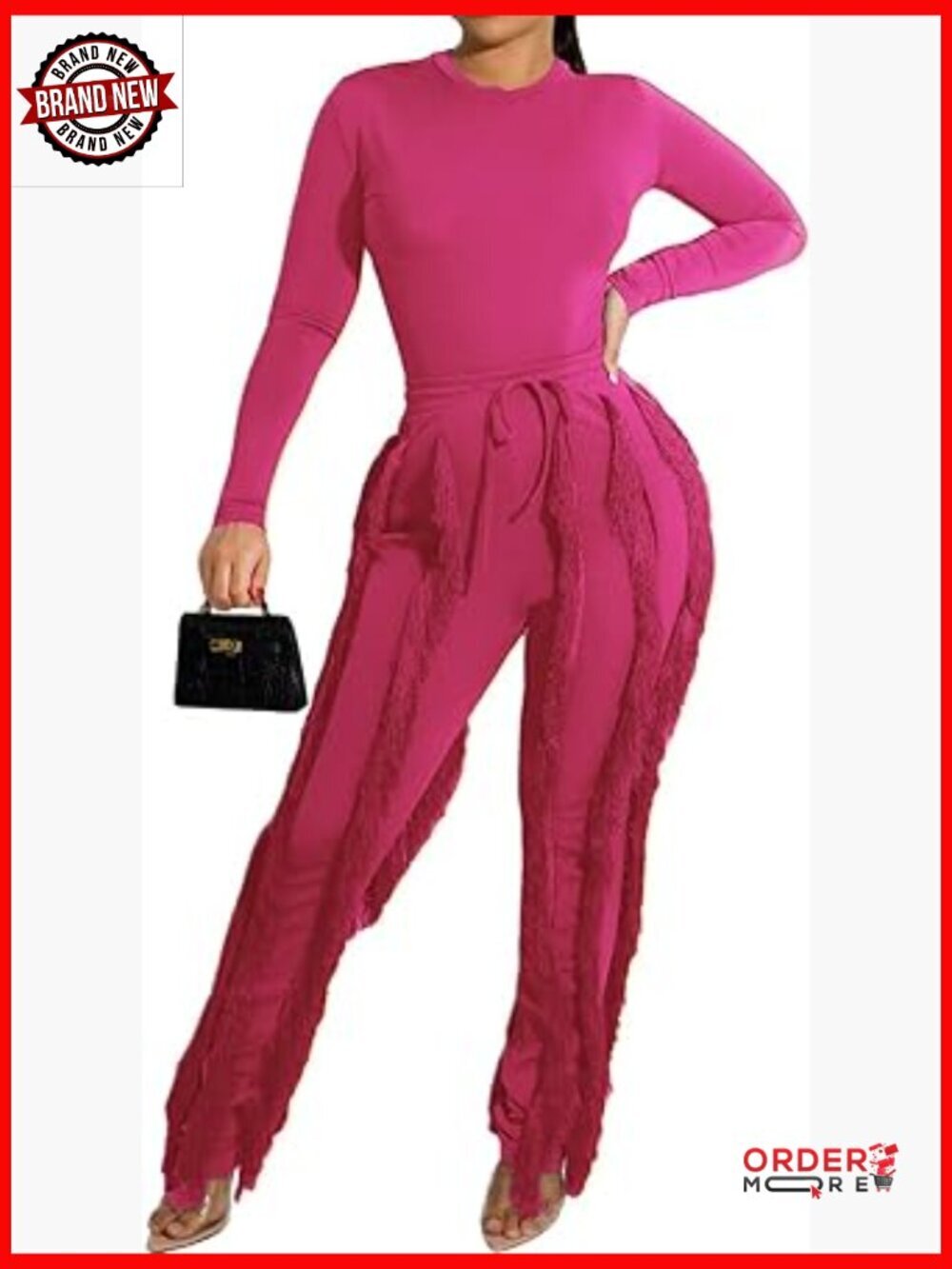 Sexy Fringe Two Piece Pants Set Long Sleeve Club Party Outfits